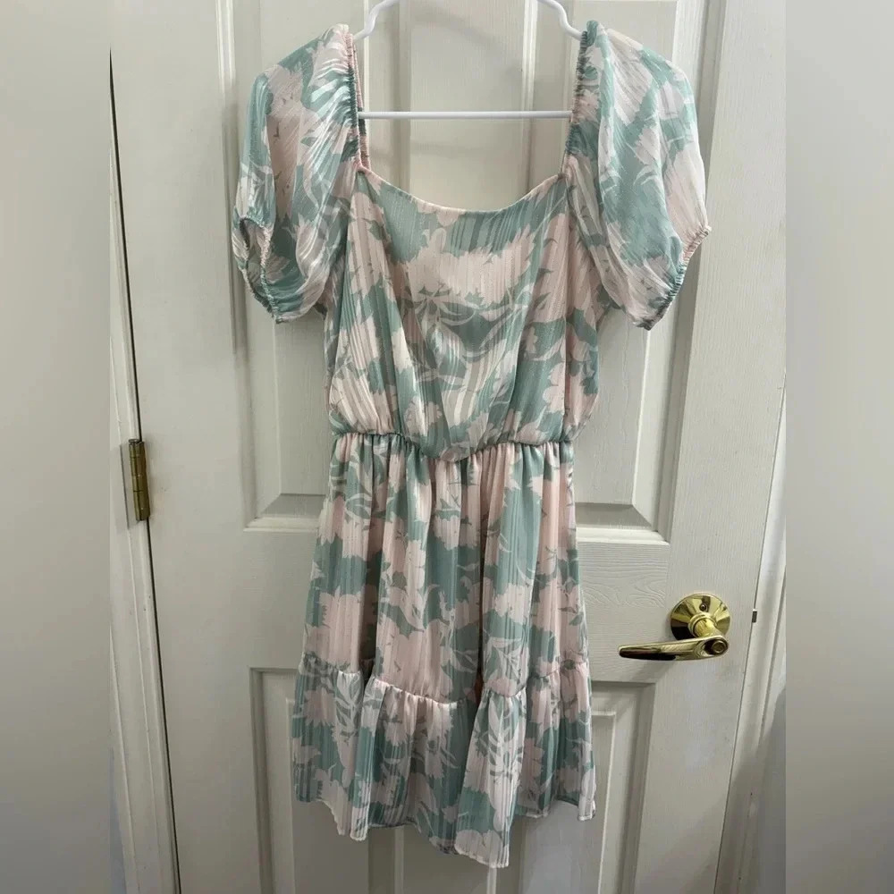 Everly Women’s mini pink & blue floral dress with ruffle bottom & silver shine
